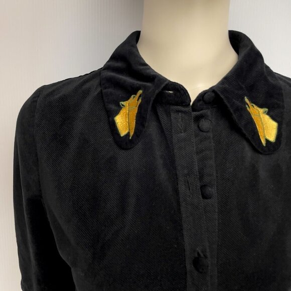 IDANO French Dark Academia Goth Black Velvet Dress Wolf! Embroidered Collar sz 1 - Picture 2 of 8